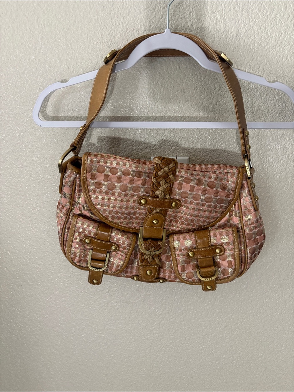 Rafe Pink Patterned Shoulder Bag with Tan Leather Trim